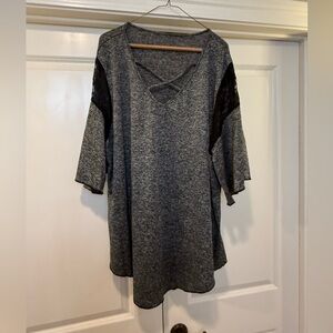 Shein women’s size 4XL blouse charcoal gray black lace panels short bell sleeves